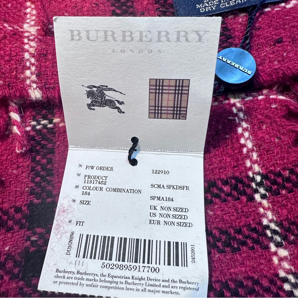 NEW tag Burberry Red Black Plaid Check Happy Fringe Scarf Merino Angora Cashmere - Picture 8 of 11